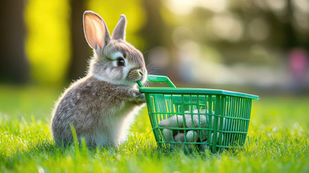 Cute newborn bunny rabbit pushing a green shopping basket on lush grass, with a nature backdrop, capturing the playful spirit of Easter and online shoppingの素材