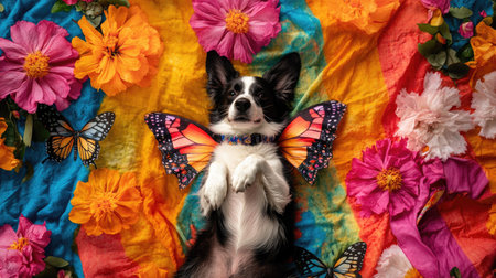 Top view of a dog in a butterfly costume, lying on a colorful blanket with butterfly decorations and flowers.の素材