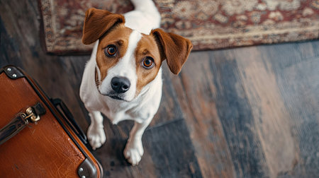 Top view of a dog standing on two legs next to a suitcase, looking up as if ready to go on an adventure.の素材