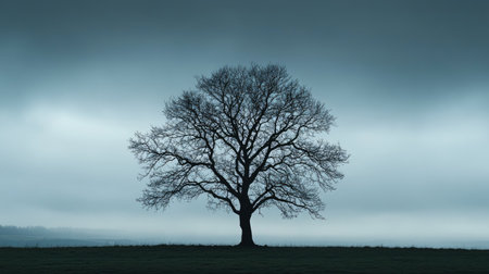 A bare tree in silhouette against a foreboding gray sky, perfect for moody or introspective scenesの素材