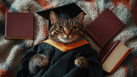 Top view of a cat in a graduation cap and gown, lying on a blanket with tiny books and a diploma.の素材