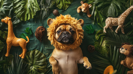 Top view of a dog in a lion costume, lying on a jungle-themed backdrop with toy animals and greenery.の素材