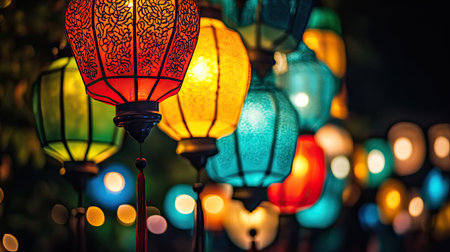 A close-up of brightly colored lampion lamps hanging in a row, glowing softly against a dark background, perfect for capturing the magic of the festivalの素材