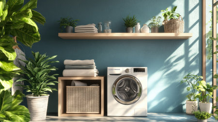 3D render of a stylish laundry room with a modern washing machine, open shelving, and a decorative houseplantの素材
