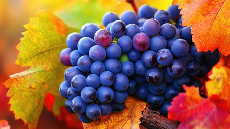 A close-up of a cluster of red wine grapes on the vine, with vivid autumn leaves surrounding, ready for the fall harvestの素材