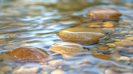 A close-up of stones in a clear river, with water gently rippling over them, creating a peaceful and natural scene perfect for outdoor photographyの素材