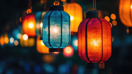 A close-up of brightly colored lampion lamps hanging in a row, glowing softly against a dark background, perfect for capturing the magic of the festivalの素材