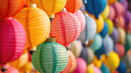 A colorful arrangement of lampion lamps hanging in rows at a lantern festival, creating a vibrant and festive backdropの素材