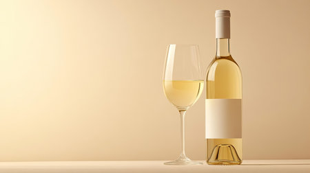 A close-up of a white wine bottle and glass against a beige background, soft lighting, and empty space for text or brandingの素材