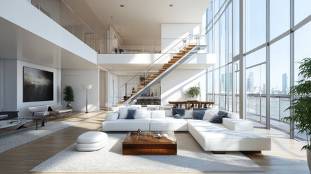 3D rendering of a bright, spacious luxury living room with modern decor, sleek furniture, and expansive windows, digitally generated to capture elegance and comfortの素材