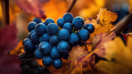 A close-up of dark purple wine grapes clustered on the vine, with a backdrop of autumn-colored leaves and soft, diffused sunlightの素材