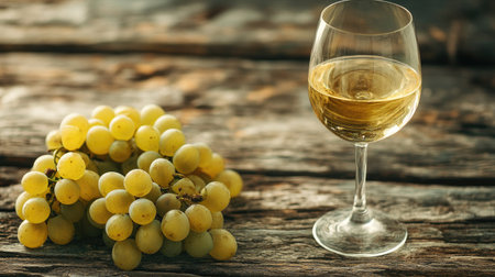 A close-up shot of a bunch of grapes and a glass of white wine on a vintage wooden table, ample copy space aroundの素材