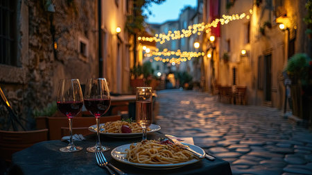A cozy outdoor Italian cafa with red wine glasses, plates of pasta, and a cobblestone street, bathed in warm evening lightの素材