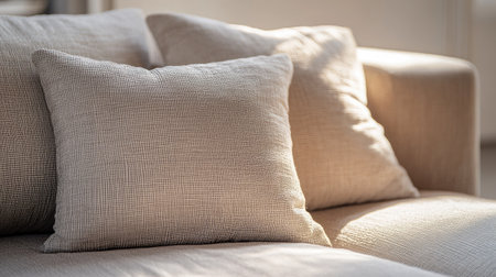 A detailed shot of a beige sofa with two cushions in a studio, soft lighting accentuating the texture, ideal for a clean backgroundの素材