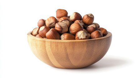 A handful of raw hazelnuts in a wooden bowl, showcasing healthy nutrition, isolated on a clean white background for a healthy food conceptの素材