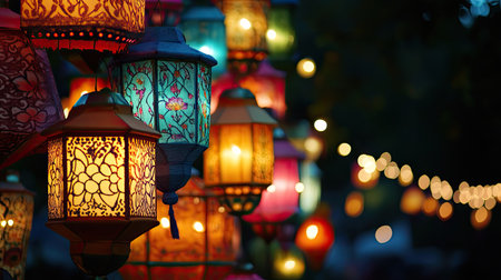 A detailed view of artistic lanterns with intricate patterns and vibrant colors, softly glowing in the night, ideal for a festive backgroundの素材