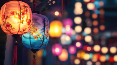 A detailed shot of lanterns with vibrant colors and artistic designs, softly glowing in the night, perfect for a festive backgroundの素材