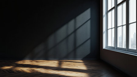 A large empty room with a black wall, a smooth parquet floor, and a soft light filtering in from a high window, creating a serene and minimalist ambianceの素材
