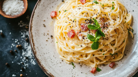A plate of traditional Italian carbonara with spaghetti noodles, pancetta, and a creamy egg sauce, garnished with black pepper and Parmesanの素材
