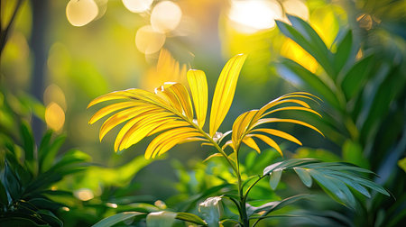 A yellow palm seedling in a Thai garden, its bright leaves spreading out amidst a backdrop of rich green foliage and sunlight, creating a serene, tropical sceneの素材