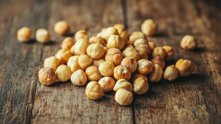 A handful of hazelnuts on a wooden table, showcasing their natural, nutrient-rich qualities, perfect for a healthy food and nutrition conceptの素材