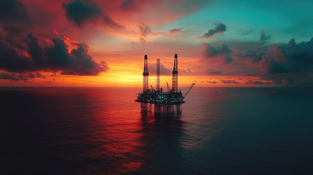 Aerial perspective of an offshore jack-up rig silhouette during sunset, with dramatic colors painting the sky and oceanの素材