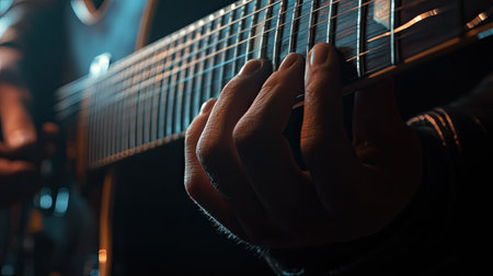 A detailed close-up of a guitaristaes fingers on the fretboard, capturing the precise movements and skill required to playの素材