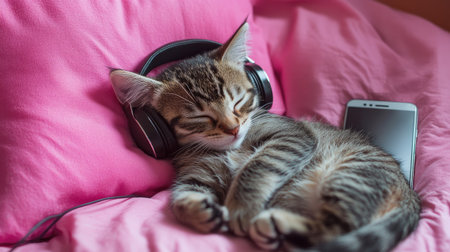 Adorable little kitten sleeping soundly on a pink pillow, wearing headphones with a smartphone beside it, capturing a cute and humorous pet momentの素材