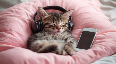 Adorable kitten snoozing with headphones on, phone beside it on a pink pillow, capturing a funny and comforting pet momentの素材