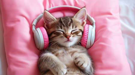 Adorable kitten sleeping on a pink pillow, with large headphones covering its ears and a phone playing music, a humorous pet photoの素材