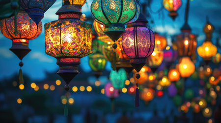 A mesmerizing view of lampion lamps illuminating the night sky at a festival, with rich colors and intricate patternsの素材