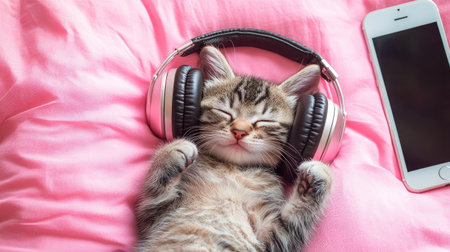 Adorable kitten sleeping on a pink pillow, with large headphones covering its ears and a phone playing music, a humorous pet photoの素材