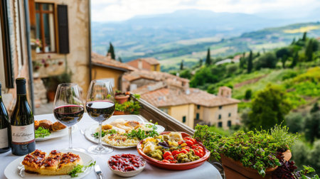 A scenic view of an Italian village from a terrace with a table set for lunch, red wine, and a variety of Italian dishesの素材