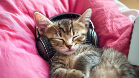 Adorable kitten fast asleep with headphones over its tiny ears, lying on a pink pillow, with a phone, showing a humorous pet momentの素材