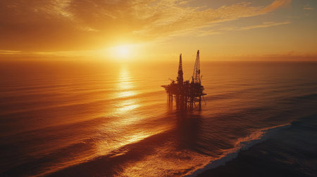 Aerial shot of an offshore drilling rig silhouetted by a stunning sunset, with golden light reflecting off the ocean wavesの素材
