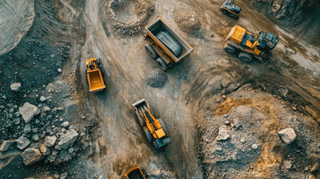 Aerial shot of an open pit limestone quarry, with heavy trucks and backhoes extracting and transporting construction materialsの素材