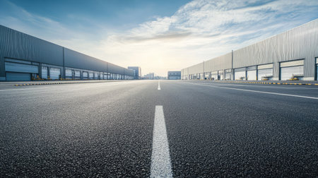Asphalt road in a deserted industrial area, lined with modern warehouses and large factory buildings under a bright skyの素材