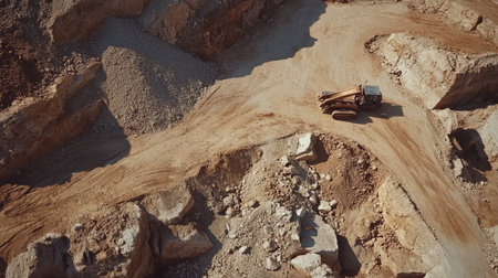 Aerial shot of heavy machinery working in a limestone quarry, showcasing the rugged terrain and the scale of mining operationsの素材