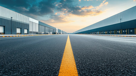Asphalt road in a deserted industrial area, lined with modern warehouses and large factory buildings under a bright skyの素材