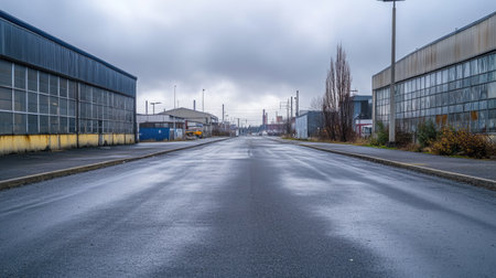 Asphalt road in a quiet industrial area, with empty streets and large factory buildings on both sides under overcast skiesの素材