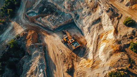 Aerial shot of an open pit limestone quarry, with heavy trucks and backhoes extracting and transporting construction materialsの素材