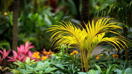 Bushy yellow palm seedling in a colorful garden setting in Thailand, with a variety of tropical plants and flowers in the background, showcasing natural beautyの素材