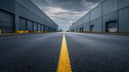 Asphalt road in a quiet industrial area, with empty streets and large factory buildings on both sides under overcast skiesの素材