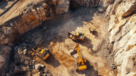 Aerial shot of heavy machinery working in a limestone quarry, showcasing the rugged terrain and the scale of mining operationsの素材
