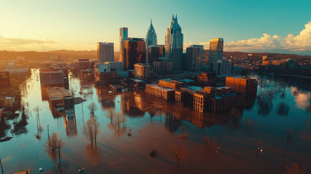 Aerial shot of Nashville's downtown skyline, surrounded by floodwaters, emphasizing the scale of the flooding eventの素材