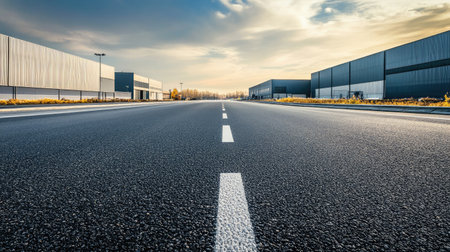 Asphalt road in a deserted industrial area, lined with modern warehouses and large factory buildings under a bright skyの素材