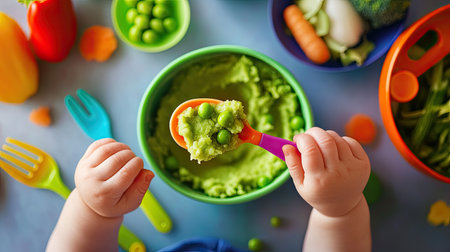 A baby eagerly reaching for a spoonful of mashed peas, with fresh vegetables and colorful baby feeding utensils placed nearby, symbolizing healthy baby foodの素材