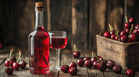 A bottle of Kirsch cherry liquor, with a glass beside it, placed on an old wooden table, surrounded by ripe cherries, highlighting the fruity richness of the drinkの素材