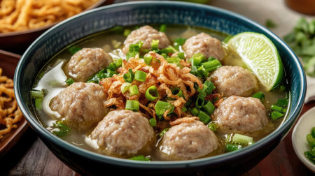 A bowl of bakso meatball soup on a table, garnished with chopped green onions, fried shallots, and lime wedges, the vibrant colors of Indonesian ingredients showcased beautifullyの素材