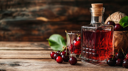 A bottle of Kirsch with a glass next to it, both sitting on a wooden surface, surrounded by fresh and dried cherries, symbolizing the fruity flavor of this unique liquorの素材